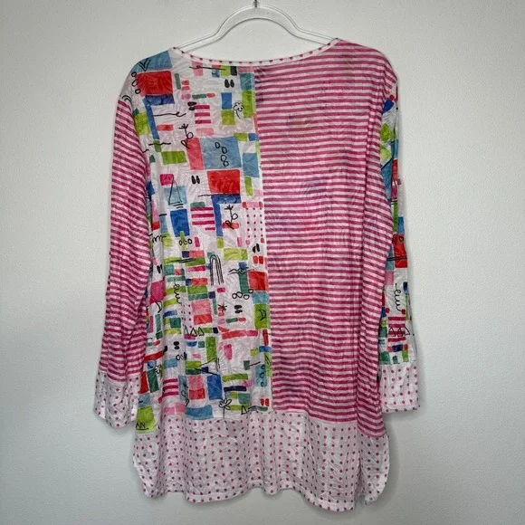 Ali Miles Patchwork Tunic Top Size XL Striped Geometric Artsy Lightweight - Picture 2 of 11